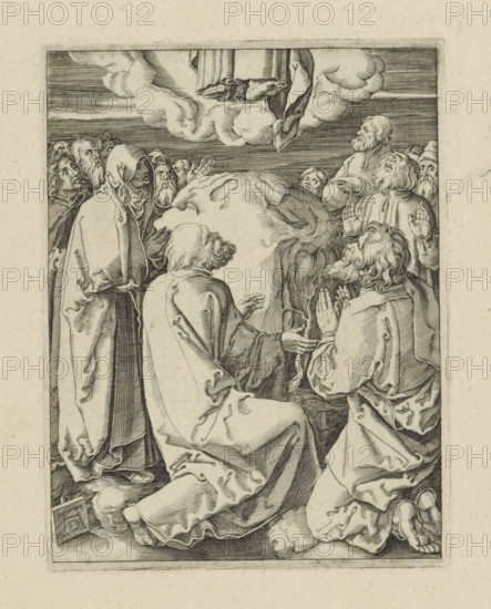Ascension, Passio Christi Ab Alberto Durer Nurenburgensi Effigiata, The Little Passion, print, album page, Christ ascends to heaven in the presence of his disciples and his mother. Print is part of an album., printmaker, after print by, publisher, The Hague, paper, engraving, engraving pasted onto album page, height 130 mm x width 100 mm, Christ almost vanished: only feet visible, A detailed black and white engraving shows a group of robed figures gathered closely and looking upward toward a pair of feet emerging from clouds at the top of the image; the figures display varied hair and beard styles and wear draped garments with flowing folds, some with raised hands and palms visible in gestures of attention, one figure in a hooded cloak stands at the left edge, others are kneeling with visible bare feet and layered robes, the cloud formation is rendered with swirling lines and shading, the composition is framed by a rectangular border and the ground beneath the figures is textured with ...