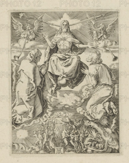 Last Judgment, The Little Passion, Passio Christi Ab Alberto Durer Nurenburgensi Effigiata, print, album page, Christ pronounces the Last Judgment seated on the rainbow. Beside his head a lily and a sword. Mary and John kneel beside him. The dead rise. On the left the blessed are taken up into heaven. On the right the wicked are led into the mouth of hell by devils. Print is part of an album., printmaker, after print by, publisher, The Hague, paper, engraving, engraving pasted on album page, height 130 mm x width 99 mm, comprehensive representation of Last Judgment: Christ (with sword and lily), often surrounded by elders and sometimes accompanied by Mary and John the Baptist, appears in the sky with trumpeting angels (and sometimes angels holding the instruments of the Passion), after the resurrection of the dead the blessed are led to heaven by angels, and the damned are dragged into hell by devils, A central seated bearded figure with long hair and a draped robe sits on a cloud with...