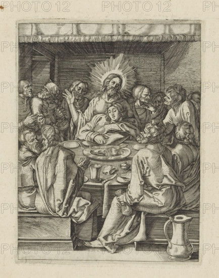 Last Supper, The Little Passion, Passio Christi Ab Alberto Durer Nurenburgensi Effigiata, print, album page, Christ sits with his disciples at the Last Supper. John presses his head against Christ's chest. Print is part of an album., printmaker, after print by, publisher, The Hague, paper, engraving, engraving pasted onto album page, height 132 mm x width 101 mm, Last Supper (in general) (Matthew 26:21-35, Mark 14:18-31, Luke 22:3, 22:15-23, John 13:21-38), A detailed black and white engraving of a group gathered around a long table inside a room with a curtained valance and a beamed ceiling, showing a central seated figure with a radiating halo behind the head and flowing hair, surrounded by others with varied facial expressions and gestures; the table is set with platters, a bowl, a cup, a knife, bread and a pitcher at the foreground, while draped garments, layered folds and textured hair are rendered across all figures, some leaning forward and some turned toward the center, with a ...