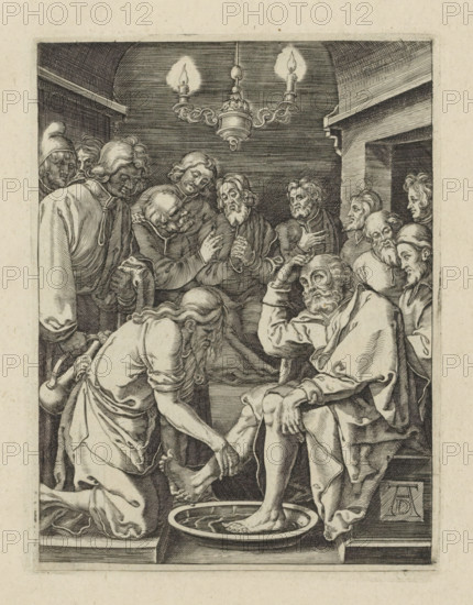 Washing of Peter's Feet, Passio Christi Ab Alberto Durer Nurenburgensi Effigiata, The Little Passion, print, album page, Christ kneels before the apostle Peter and washes his feet. Peter points to his head. The other apostles stand around them in the room. Print is part of an album., printmaker, after print by, publisher, The Hague, paper, engraving, engraving pasted onto album page, height 131 mm x width 99 mm, Christ washes Peter's feet, An engraved scene shows a group of people gathered in an interior space beneath an ornate three-armed chandelier with two lit flames. In the foreground a man sits on a bench with one foot resting in a shallow basin while another man kneels and washes his other foot, holding it with both hands. The seated man leans his head on one hand and wears draped robes, showing a beard and contemplative expression. Around them stand figures with varied hairstyles and beards, many leaning forward and looking toward the foot-washing, some with hands clasped or rai...