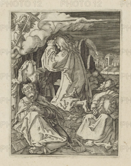 Christ in the Garden of Gethsemane, Passio Christi Ab Alberto Durer Nurenburgensi Effigiata, The Little Passion, print, album page, Christ prays in the Garden of Gethsemane. An angel appears to him and shows him the cross. In the foreground, three sleeping disciples. The group of soldiers arrives through the city gate on the right. Print is part of an album., printmaker, after print by, publisher, The Hague, paper, engraving, engraving pasted onto album page, height 129 mm x width 98 mm, agony of Christ: to comfort him one or more angels appear to Christ with chalice and, or cross, three (or eleven) apostles sleeping, A monochrome engraving shows a robed figure kneeling on rocky ground with hands clasped and head bowed, long wavy hair falling over the shoulders and a flowing cloak draped around the body; to the left an angelic figure appears among swirling clouds holding a long staff or cross, wings and robes visible; two other robed figures lie or recline nearby, one with a bearded fa...