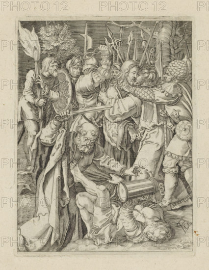 Capture of Christ, Passio Christi Ab Alberto Durer Nurenburgensi Effigiata, The Little Passion, print, album page, Christ is captured by soldiers in the Garden of Gethsemane. Judas kisses him on the cheek. In the foreground Peter Malchus chops off an ear. Print is part of an album., printmaker, after print by, publisher, The Hague, paper, engraving, engraving pasted on album page, height 130 mm x width 99 mm, Peter draws his sword and cuts off Malchus' ear, the kiss of Judas: accompanied by soldiers with torches and lanterns, he kisses Christ, A densely detailed black and white engraving shows a crowded scene with multiple figures in period clothing and armor clustered together; in the upper left a bearded man holds a tall torch, beside him a soldier with a decorated shield and helmet looks toward the center; central figures include a long-haired man in robes being embraced by another man while a soldier raises a sword nearby and other armed men stand behind with spears and polearms; i...
