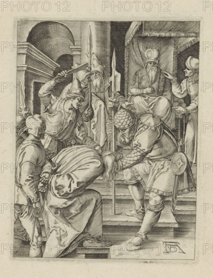 Christ before Annas, The Little Passion, Passio Christi Ab Alberto Durer Nurenburgensi Effigiata, print, album page, Christ is led before Annas by armed men. Print is part of an album., printmaker, after print by, publisher, The Hague, paper, engraving, engraving pasted on album page, height 130 mm x width 99 mm, maybe a soldier about to strike Christ (John 18:13, 18:19-24), A detailed black and white etching shows a group of armored and robed figures clustered around a seated older man who wears a tall rounded headdress and holds a long staff, his face framed by a long beard. Several standing men wear helmets and point spears or swords toward figures kneeling and leaning forward on steps, their clothing draped in folds and their heads bowed. One kneeling figure grips a pole while another in scale armor bends forward, a round shield hanging at his side. Architectural elements of arches and a heavy curtained canopy surround the scene, and the composition is rendered with fine parallel h...