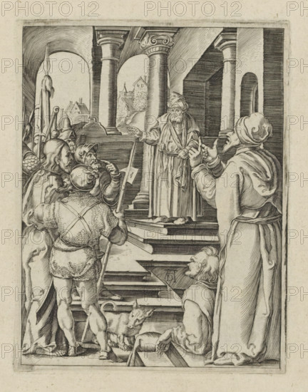 Christ before Pilate, Passio Christi Ab Alberto Durer Nurenburgensi Effigiata, The Little Passion, print, album page, Christ is led before Pilate by armed men. Print is part of an album., printmaker, after print by, publisher, paper, engraving, engraving pasted onto album page, height 130 mm x width 99 mm, Christ before Pontius Pilate (Matthew 27:11-26, Mark 15:2-15, Luke 23:2-7, 23:13-25, John 18:28 - 19:16), A black and white etched scene shows an older robed man standing on a raised platform between architectural columns, wearing a turban and gesturing with one hand while holding a staff or sash with the other; in front of him a group of armed men in helmets and varied clothing face him, some with spears and shields and one carrying a pole with a banner, and one man in armor seen from the back with textured clothing and strapped harness; to the right a robed figure with a wrapped headpiece raises both hands toward the speaker, and below a seated or kneeling man looks up; the setting...