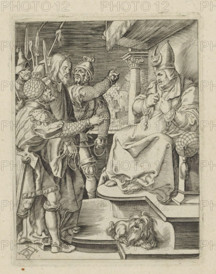 Christ before Caiaphas, The Little Passion, Passio Christi Ab Alberto Durer Nurenburgensi Effigiata, print, album page, Christ is led before Caiaphas by armed men. Print is part of an album., printmaker, after print by, publisher, The Hague, paper, engraving, engraving pasted on album page, height 129 mm x width 99 mm, Christ before the Sanhedrin with Caiaphas as high priest, and possibly Annas, maybe a soldier about to strike Christ because he keeps silent (Matthew 26:57-66, Mark 14:53-64, Luke 22:54, 22:66-71), A monochrome engraving shows a seated figure wearing a tall pointed hat and voluminous robes, clutching the front of the garments with both hands and looking toward a group of armored men who stand before him; the men wear varied helmets and chain armor, one raising an arm while another leans forward, and their faces show different expressions and beards; behind the standing figures are tall polearms and a draped architectural canopy with a decorative column, and beneath the s...