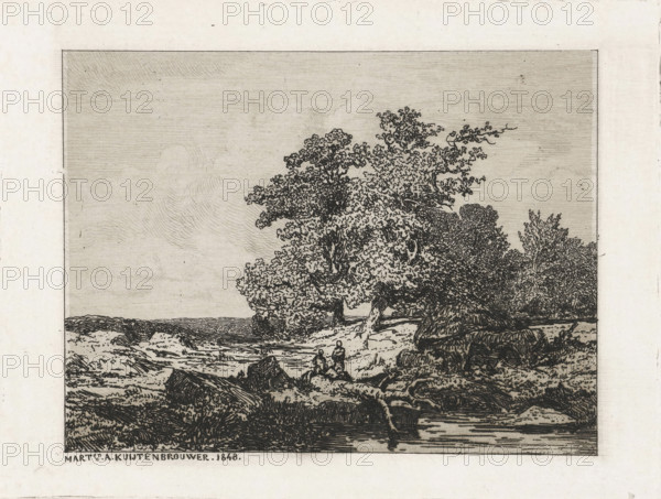 Landscape with oaks, print, Landscape with oaks and a river. In the center two standing figures., inscription: 'Mart ... N:21.', printmaker: Martinus Antonius Kuytenbrouwer jr., Paris, 1848, paper, etching, intaglio printmaking technique, etching with plate tone, height 111 mm x width 147 mm, In the collection there are prints of two other states of this etching, river, trees: oak, A rectangular etched landscape shows a shoreline with rocks and shallow water in the foreground, a group of trees with detailed foliage occupying the middle ground, and a wide sky with fine horizontal and curved line shading above; near the center edge of the water two small human figures sit or stand close together, and rounded haylike stacks or dense shrub forms appear at the right beside the trees.