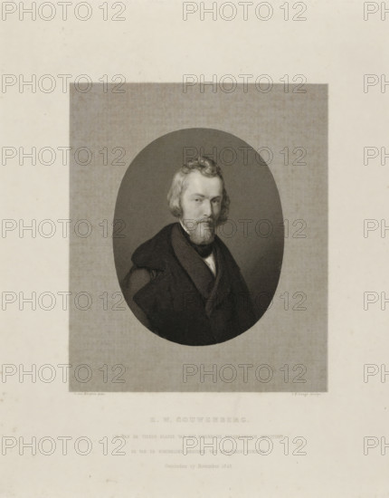 Portrait of Henricus Wilhelmus Couwenberg, print, Henricus Wilhelmus Couwenberg (1814-1845). Bust in oval facing right. Below: his name and position., stamp: 'M, v.S', printmaker: Johannes Philippus Lange, Amsterdam, after painting by Charles van Beveren, 1845 - 1849, paper, steel engraving, height 284 mm x width 233 mm, Person, Henricus Wilhelmus Couwenberg, historical persons, portrait, self-portrait of artist, A monochrome engraved portrait of a man depicted within an oval frame centered on a vertically striped rectangular background, showing his head and upper torso turned slightly to his left, with wavy hair and a beard, wearing a dark coat with wide lapels and a high collar over a shirt and cravat; the surrounding page is light with some faint spotting and a large blank margin around the framed portrait.