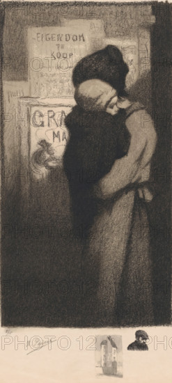 Woman with child, print, Woman with child in her arms in front of a wall with posters, one of which reads 'Property for sale'. Below the main image on the right is the head of a man with a cap, on the left a small pencil drawing of several houses., printmaker: Kurt Peiser (signed by artist), 1920 - 1940, paper, pencil, lithography, pencil drawing, height 569 mm x width 381 mm, A softly shaded charcoal scene shows two figures embracing in a close hug; one figure faces forward with a tilted head resting against the other, wearing a light-colored head covering and a long coat tied at the waist, while the other figure is mostly in shadow with a dark hood or hat and a dark garment. Behind them a wall with posters or notices is visible, their edges and shapes rendered in blurred tones. The lower margin contains a pale strip with a signature, a small sketch of a narrow house, and a small shaded portrait of a bearded man.