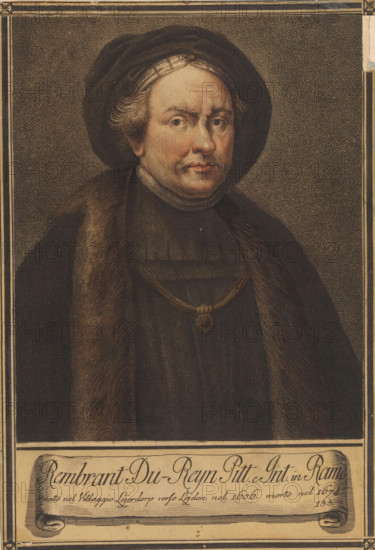 Portrait of artist Rembrandt Harmensz. van Rijn, Portraits of artists, print, book illustration, printmaker: Giovanni Domenico Campiglia, Italy, after painting by Rembrandt van Rijn, Netherlands, 1752 - 1762, paper, engraving, color printing, à la poupée, colour, pasting, gravure à la poupée, hand-coloured, pasted printed paper frame and bottom margin with text, height 267 mm x width 181 mm, Francesco. Serie di ritratti degli eccellenti pittori dipinti di propria mano, che esistono nell'Imiperial Galleria di Firenze. Florence: 1752-1762, vol. I. Portraits from these editions also appear to have been printed separately in color and marketed mounted., Person, historical persons, portrait, self-portrait of artist, A bust-length portrait of a middle-aged person facing slightly to their right, wearing a dark rounded hat and a dark robe with a fur-lined collar, a short necklace with a pendant visible over the robe, short wavy hair visible at the temples, a mustache and small patch of facial ...