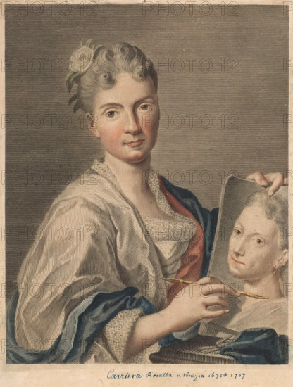 Portrait of artist Rosalba Carriera, Portraits of artists, print, book illustration, inscription: 'Carriera Rosalba n Venezia 1675 + 1757', printmaker: Giovanni Marco Pitteri, Italy, after drawing by Giovanni Domenico Campiglia, after painting by Rosalba Carriera, Venice, 1752 - 1762, paper, engraving, color printing, à la poupée, colour, gravure à la poupée, hand colored, height 269 mm x width 185 mm, Francesco. Serie di ritratti degli eccellenti pittori dipinti di propria mano, che esistono nell'Imiperial Galleria di Firenze. Florence: 1752-1762, vol. IV., Person, historical persons, portrait, self-portrait of draftsman, drawing-instruments, A woman is shown from the torso up, facing forward with a neutral expression, wearing a draped garment with visible folds and a lace-trimmed neckline and a dark shawl over one shoulder; her hair is styled in curled waves with a flower tucked at the side. Another face appears on a panel or canvas that the woman holds, the hand holding the panel vi...