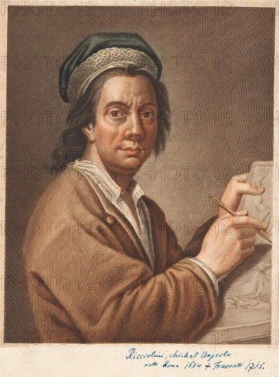Portrait of artist Michelangelo Ricciolini, print, book illustration, inscription: 'Ricciolini, Michel Angiolo nato Roma 1654 + Frascari 1715.', printmaker: Antonio Pazzi, Italy, after painting by Michelangelo Ricciolini, 1752 - 1762, paper, engraving, color printing, à la poupée, colour, gravure à la poupée, hand colored, height 266 mm x width 178 mm, Francesco. Serie di ritratti degli eccellenti pittori dipinti di propria mano, che esistono nell'Imiperial Galleria di Firenze. Florence: 1752-1762, vol. II, vol. 2., Person, historical persons, portrait, self-portrait of draftsman, drawing-instruments, A seated person shown from the chest up turned slightly to the side, wearing a soft dark cap with a lighter band and long dark hair falling to the neck, a loose light-colored shirt with an open collar under a heavy brown coat with visible folds and stitching, a focused face with neutral expression and prominent eyes, the hands holding a drawing tool and resting on a sheet with sketched li...