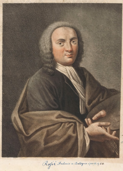 Portrait of artist Antonio Rossi, print, book illustration, inscription: 'Rossi Antonio n. Bologna 1700 + 17..', printmaker: Antonio Pazzi, Italy, after painting by Antonio Rossi, 1752 - 1762, paper, engraving, color printing, à la poupée, colour, gravure à la poupée, hand colored, height 271 mm x width 178mm, Francesco. Serie di ritratti degli eccellenti pittori dipinti di propria mano, che esistono nell'Imiperial Galleria di Firenze. Florence: 1752-1762, vol. II, vol. 2., Person, historical persons, portrait, self-portrait of painter, tools, implements of painter, A seated person with pale skin and softly curled shoulder-length hair wears a dark garment over a lighter shirt with a draped scarf at the neck, looking slightly toward the viewer with a neutral expression, one arm wrapped in a heavy draped cloak and the other hand held near the waist with fingers relaxed, all set against a textured dark background.