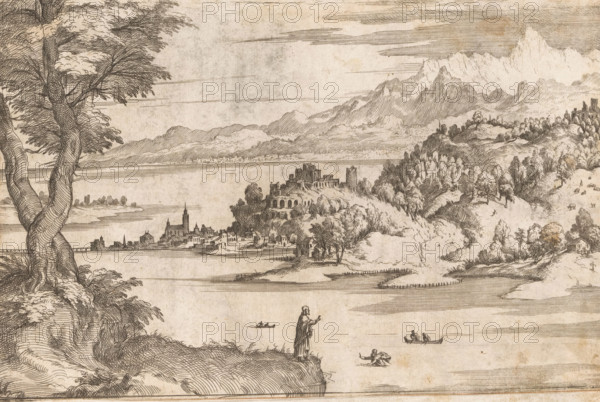 Peter walks on water, Landscapes with scenes from the life of Christ, print, Christ stands on the bank. Peter attempts to walk on water, while four fishermen in two small boats float on the water (Mt. 14: 31). On the opposite bank, a city is visible that merges into a wooded ridge. In the background, there is a mountain range. The foreground on the left is dominated by a tree., number: '77, 81', printmaker: Giovanni Battista Fontana, Italy, 1535 - 1587, paper, etching, height 271 mm x width 317 mm, This print is part of a series of seven prints with landscapes featuring scenes from the life of Christ. Mounted on a sixteenth-century album page with a landscape by Antonio Tempesta on the recto. Landscapes, river, Peter steps out of the boat and tries to walk on the water towards Christ., A sepia-toned etched landscape showing a shoreline with rolling hills and distant mountains, a large twisted tree in the left foreground, a figure standing on a grassy promontory near the water, small ro...
