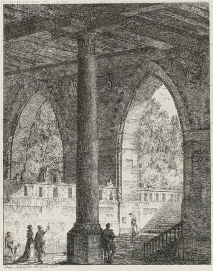 Gothic building with two pointed arches, Vier und Zwanzig Landschaftliche Gegenstände, Twenty-four landscapes, print, printmaker: Domenico Quaglio (II), after design by, publisher: Johann Velten, Karlsruhe, 1807, 1821, Baden-Württemberg, paper, etching, height 197 mm x width 145 mm, This print is part of a series of 24 prints., architecture (Gothic art), A detailed architectural scene rendered in fine linework showing a large fluted column with an ornate capital rising from a square base beneath a coffered ceiling, flanked by pointed archways that reveal leafy trees outside; a balustraded gallery runs behind the column where several small figures stand and converse, while on the ground level a few figures in period dress walk and gesture, one figure ascends a wide staircase with a railing, and another leans against the column; stone walls, arch molding, and textured shading fill the interior, and birds are visible through one arch opening.