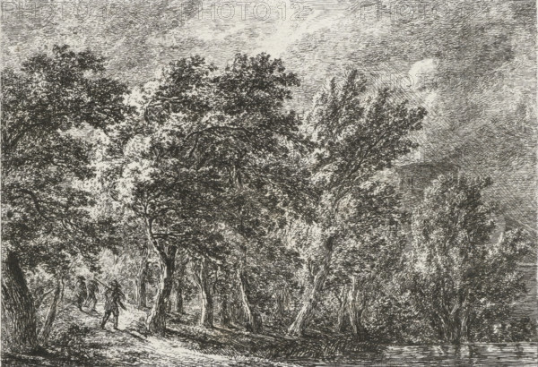Landscape with a Gothic building and depiction of a hilly landscape with a house, Twenty-four landscapes, Vier und Zwanzig Landschaftliche Gegenstände, print, printmaker:, after design by, publisher: Johann Velten, Karlsruhe, 1804 - 1810, 1821, printmaker, Baden-Württemberg, paper, etching, uncut sheet, height 102 mm x width 116 mm x height 118 mm x width 69 mm, This print is part of a series of 24 prints., forest, wood, architecture (Gothic art), A detailed black and white etching showing a wooded landscape with dense trees filling most of the scene, leafy canopies rendered with fine lines and varied shading, trunks and branches angled and overlapping, a narrow winding path cutting through the trees, small human figures walking along the path with simple clothing and hats, one figure closer in the foreground and a few others farther back, a body of water visible at the lower edge reflecting linear textures, and a sky above filled with textured cloud patterns.