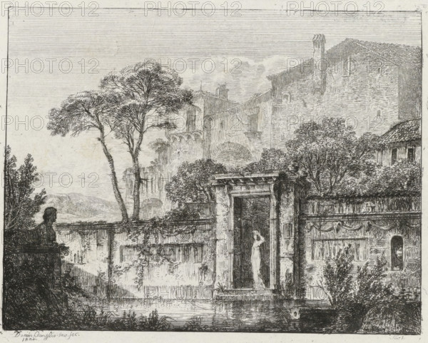 View of buildings and a woman in a passageway, Twenty-four landscapes, Vier und Zwanzig Landschaftliche Gegenstände, print, printmaker:, after design by, publisher: Johann Velten, Karlsruhe, 1807, 1821, printmaker, Baden-Württemberg, paper, etching, height 127 mm x width 162 mm, This print is part of a series of 24 prints., landscapes in the temperate zone (landscape with figures, staffage), A detailed monochrome etching shows an outdoor scene with old stone buildings, archways, and a gated entrance framed by columns; a slender statue stands within the entrance recess. Trees and shrubs grow around the structures, some tall and bare-branched and others dense with foliage. A low wall or balustrade runs across the foreground beside a parked stone figure or bust on a plinth. The sky above is rendered with fine horizontal lines and faint cloud shapes, while the architecture displays textured brick and roof tiles. Small windows and a chimney are visible on the buildings, and climbing plants ...