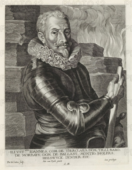 Portrait of Johannes 't Serclaes, Count of Tilly, Iconographie, Icones Principum Vivorum Doctorum Pitorum Chalcographorum Statuariorum nec non Amatorum Pictoriae Artis Numero Centum ab Antonio van Dyck Pictore ad Vivum Expressae Eiusq: Sumptibus aeri incisae, print, album page, Count of Tilly. He is wearing armor and standing in front of a wall. A fire is raging in the background. This print is part of an album., printmaker: Pieter de Jode (I), Antwerp, after painting by Anthony van Dyck, publisher: Gilles Hendricx, 1630 - 1641, 1645 - 1646, Pieter de Jode (I), Anthony van Dyck, Gilles Hendricx, unknown, printmaker, after painting by, publisher, grantor of privilege, paper, engraving, gravure, height 238 mm x width 182 mm, Person, Johan t' Serclaes (Count of Tilly), flame, A black and white engraved portrait of a man shown from the waist up, turned slightly to his side while looking toward the viewer, wearing armor with articulated plates and a richly textured ruff collar, a curled mus...