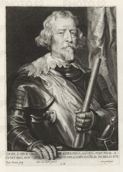Portrait of Carlos Coloma, Marquis de la Espinar, Icones Principum Vivorum Doctorum Pictorum Chalcographorum Statuariorum nec non Amatorum Pictoriae Artis Numero Centum ab Antonio van Dyck Pictore ad Vivum Expressae Eiusq: Sumptibus aeri incisae, Iconographie, print, album page, This print is part of an album., printmaker: Paulus Pontius, Antwerp, after painting by Anthony van Dyck, publisher: Gilles Hendricx, 1630 - 1641, 1645 - 1646, unknown, provider of privilege, paper, engraving, height 235 mm x width 167 mm, Person, Carlos Coloma (Marquis de la Espinar), armour, A monochrome engraved portrait shows a man from the torso up wearing ornate plate armor and a decorative lace collar; he has wavy hair, a mustache, and a pointed beard, and he holds a long cylindrical staff with a gloved hand while his other hand rests on a surface; a draped fabric hangs behind him and a sword hilt is visible at his side.