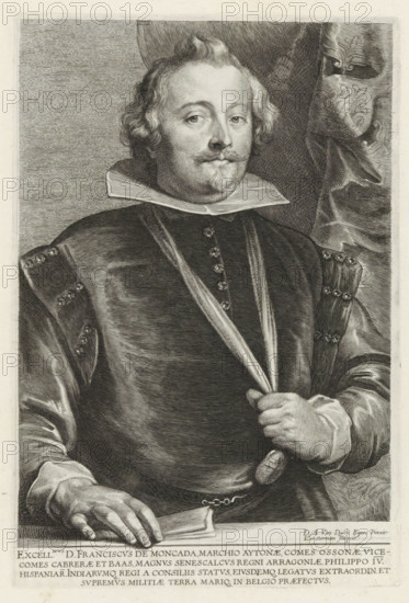 Portrait of Francisco de Moncada, Marquis of Aytona, Icones Principum Vivorum Doctorum Pictorum Chalcographorum Statuariorum nec non Amatorum Pictoriae Artis Numero Centum ab Antonio van Dyck Pictore ad Vivum Expressae Eiusq: Sumptibus aeri incisae, Iconographie, print, album page, Portrait of the Spanish general and diplomat Francisco de Moncada, Marquis of Aytona. This print is part of an album., printmaker: Lucas Vorsterman (I), Antwerp, after painting by Anthony van Dyck, publisher: Gilles Hendricx, 1630 - 1641, 1645 - 1646, unknown, grantor of privilege, paper, engraving, gravure, height 265 mm x width 178 mm, Person, Francisco de Moncada (Marquis of Aytona), A monochrome engraved portrait of a man shown from the waist up, wearing a dark fitted garment with decorative fastenings on the shoulders and a wide stiff collar, his hair wavy and short with a mustache and small pointed beard, one hand resting on a table and the other grasping a strap or sash across his chest, a draped curt...