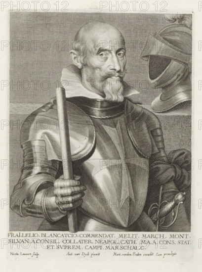 Portrait of Lelio Blancaccio, Iconographie, Icones Principum Vivorum Doctorum Pictorum Chalcographorum Statuariorum nec non Amatorum Pictoriae Artis Numero Centum ab Antonio van Dyck Pictore ad Vivum Expressae Eiusq: Sumptibus aeri incisae, print, album page, Commander of Malta. Blancaccio wears armor with a Maltese cross and holds a command staff. This print is part of an album., printmaker: Paulus Pontius, Antwerp, after painting by Anthony van Dyck, publisher: Gilles Hendricx, publisher: Martinus van den Enden (I), 1630 - 1641, 1645 - 1646, unknown, grantor of privilege, paper, engraving, gravure, height 228 mm x width 168 mm, Person, Lelio Brancaccio, baton of general, armour, A black and white engraved portrait shows an older man in polished plate armor holding a long staff in one gloved hand and a sword hilt in the other; he has a high ruffled collar, a pointed beard with a curled mustache, a bald head with closely cropped hair at the sides, and a direct gaze; behind him on a she...