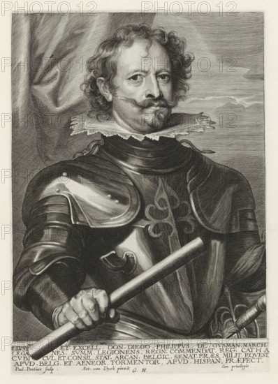 Portrait of Diego Felipez de Guzmán, Marquis of Leganés, Icones Principum Vivorum Doctorum Pitorum Chalcographorum Statuariorum nec non Amatorum Pictoriae Artis Numero Centum ab Antonio van Dyck Pictore ad Vivum Expressae Eiusq: Sumptibus aeri incisae, Iconographie, print, album page, This print is part of an album., printmaker: Paulus Pontius, Antwerp, after painting by Anthony van Dyck, publisher: Gilles Hendricx, 1630 - 1641, 1645 - 1646, unknown, provider of privilege, paper, engraving, height 243 mm x width 172 mm, Person, Diego Felipez de Guzmán (Marquis of Leganés), armor, A bust-length engraved portrait of a man facing slightly to the viewer's left, showing curly hair, a curled mustache, and a small goatee, wearing a ruffled collar and polished plate armor with decorative elements, his right hand gripping a baton or staff across his chest, with detailed shading and crosshatching throughout and a draped fabric background.