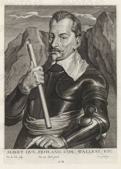 Portrait of Albrecht von Wallenstein, Count of Friedland, Iconographie, Icones Principum Vivorum Doctorum Pitorum Chalcographorum Statuariorum nec non Amatorum Pictoriae Artis Numero Centum ab Antonio van Dyck Pictore ad Vivum Expressae Eiusq: Sumptibus aeri incisae, print, album page, Portrait of Albrecht von Wallenstein. He wears armor and in his right hand he holds a command staff. Rocks in the background. This print is part of an album., printmaker: Pieter de Jode (I), Antwerp, after painting by Anthony van Dyck, publisher: Gilles Hendricx, 1630 - 1641, 1645 - 1646, unknown, grantor of privilege, paper, engraving, gravure, height 240 mm x width 172 mm, Person, Albrecht von Wallenstein (Duke of Friedland), baton of general, A monochrome engraved portrait shows a man in armor from the waist up, facing slightly toward the viewer with a neutral expression and a trimmed mustache and small goatee. He holds a long cylindrical staff with one hand near his chest while his other arm rests ac...