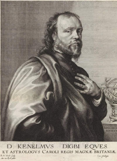 Portrait of Kenelm Digby, Icones Principum Vivorum Doctorum Pictorum Chalcographorum Statuariorum nec non Amatorum Pictoriae Artis Numero Centum ab Antonio van Dyck Pictore ad Vivum Expressae Eiusq: Sumptibus aeri incisae, Iconography, print, album page, Portrait of the naval officer and diplomat Kenelm Digby. There is an armillary on the table, which refers to his interest in astronomy. This print is part of an album., printmaker: Robert van Voerst, London, after painting by Anthony van Dyck, publisher: Gilles Hendricx, Antwerp, 1630 - 1641, 1645 - 1646, unknown, grantor of privilege, paper, engraving, gravure, height 265 mm x width 193 mm, Person, Kenelm Digby, armillary sphere, skeleton celestial globe, A monochrome engraved portrait of a bearded man shown from the chest up, turned slightly to the viewer’s left with his gaze directed outward, wearing a voluminous draped cloak over a dark buttoned garment, his right hand resting on his chest with fingers splayed, curly hair framing h...