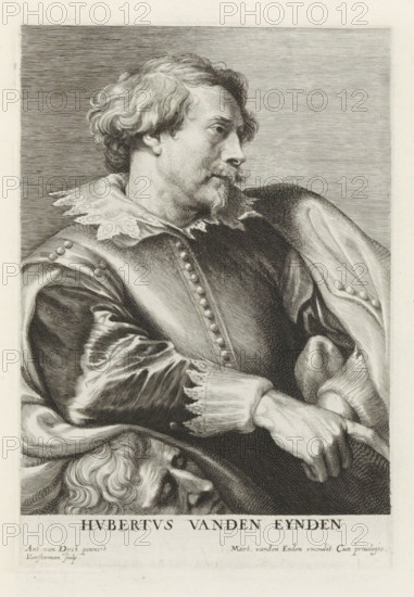Portrait of Hubrecht van der Eynden, Icones Principum Vivorum Doctorum Pitorum Chalcographorum Statuariorum nec non Amatorum Pictoriae Artis Numero Centum ab Antonio van Dyck Pictore ad Vivum Expressae Eiusq: Sumptibus aeri incisae, Iconography, print, album page, Portrait of the Antwerp sculptor Hubrecht van der Eynden. This print is part of an album., printmaker: Lucas Vorsterman (I), after painting by Anthony van Dyck, publisher: Gilles Hendricx, Antwerp, publisher: Martinus van den Enden (I), 1630 - 1641, 1645 - 1646, unknown, grantor of privilege, paper, engraving, gravure, height 226 mm x width 156 mm, Person, Hubrecht van den Eynde, piece of sculpture, reproduction of a piece of sculpture, portrait, self-portrait of sculptor, A detailed black and white engraved portrait of a man shown from the chest up in three-quarter view, facing right, with wavy hair and a short mustache and goatee, wearing a lace collar and a richly textured garment with decorative buttons and a draped cloak...