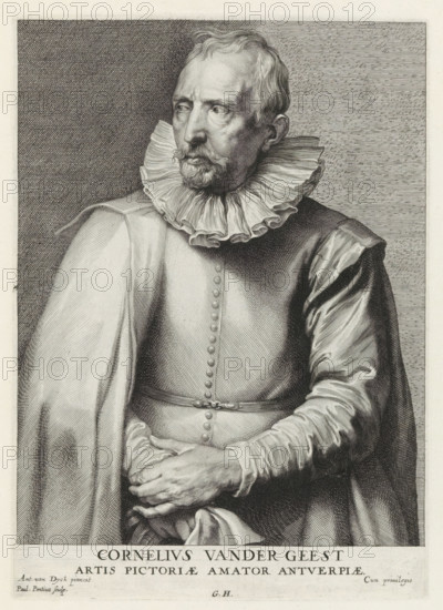 Portrait of Cornelis van der Geest, Iconographie, Icones Principum Vivorum Doctorum Pictorum Chalcographorum Statuariorum nec non Amatorum Pictoriae Artis Numero Centum ab Antonio van Dyck Pictore ad Vivum Expressae Eiusq: Sumptibus aeri incisae, print, album page, Portrait of the Antwerp merchant and art collector Cornelis van der Geest. This print is part of an album., printmaker: Paulus Pontius, Antwerp, after painting by Anthony van Dyck, publisher: Gilles Hendricx, 1630 - 1641, 1645 - 1646, unknown, grantor of privilege, paper, engraving, gravure, height 250 mm x width 179 mm, Person, Cornelis van der Geest, A black and white engraved portrait of a man shown from the waist up facing slightly to the viewer's left, wearing a wide ruffled collar and a buttoned doublet with a sash at the waist, a cloak draped over one shoulder, and sleeves with visible folds; his hair is short and wavy, he has a mustache and goatee, and his hands are clasped at his midsection holding a folded piece of...