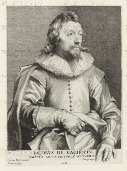 Portrait of Jacobus de Cachiopin, Icones Principum Vivorum Doctorum Pictorum Chalcographorum Statuariorum nec non Amatorum Pictoriae Artis Numero Centum ab Antonio van Dyck Pictore ad Vivum Expressae Eiusq: Sumptibus aeri incisae, Iconography, print, album page, Portrait of the Antwerp art collector Jacobus de Cachiopin. He holds a glove in his right hand. This print is part of an album., printmaker: Lucas Vorsterman (I), Antwerp, after painting by Anthony van Dyck, publisher: Gilles Hendricx, 1630 - 1641, 1645 - 1646, unknown, grantor of privilege, paper, engraving, gravure, height 241 mm x width 175 mm, Person, Jacobus de Cachiopin, gloves, mittens, A black and white engraved portrait of a seated man shown from the waist up, wearing a high ruffled collar and a buttoned doublet with a draped cloak over one shoulder; he has wavy shoulder-length hair, a curled mustache and a pointed beard, and he gazes slightly to one side with a composed expression; his hands rest in his lap, one holdi...