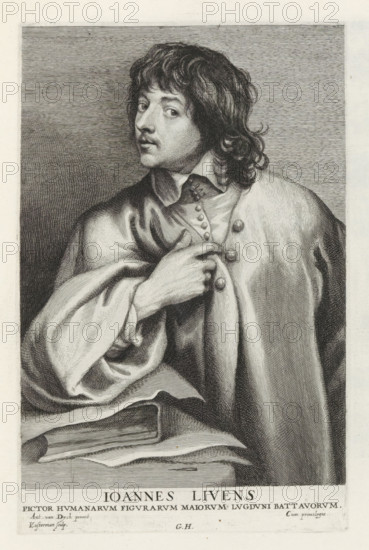 Portrait of Jan Lievens, Icones Principum Vivorum Doctorum Pictorum Chalcographorum Statuariorum nec non Amatorum Pictoriae Artis Numero Centum ab Antonio van Dyck Pictore ad Vivum Expressae Eiusq: Sumptibus aeri incisae, Iconography, print, album page, Portrait of history and portrait painter Jan Lievens, his arm resting on a book, pointing to himself with one hand. This print is part of an album., printmaker: Lucas Vorsterman (I), Antwerp, after painting by Anthony van Dyck, publisher: Gilles Hendricx, 1630 - 1641, 1645 - 1646, unknown, grantor of privilege, paper, engraving, height 245 mm x width 158 mm, Person, Jan Lievens, portrait, self-portrait of painter, A monochrome engraved portrait of a person shown from the waist up, turned slightly to one side with the head angled toward the viewer, featuring wavy shoulder-length hair and a mustache and small beard. The subject wears a high-collared shirt beneath a buttoned garment and a draped cloak, one hand pulling the cloak across the...