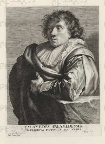 Portrait of Palamedes Palamedesz. I, Icones Principum Vivorum Doctorum Pictorum Chalcographorum Statuariorum nec non Amatorum Pictoriae Artis Numero Centum ab Antonio van Dyck Pictore ad Vivum Expressae Eiusq: Sumptibus aeri incisae, Iconographie, print, album page, This print is part of an album., printmaker: Paulus Pontius, Antwerp, after painting by Anthony van Dyck, publisher: Gilles Hendricx, 1630 - 1641, 1645 - 1646, unknown, provider of privilege, paper, engraving, height 232 mm x width 170 mm, Person, Palamedes Palamedesz. (I), historical persons, portrait, self-portrait of painter, A monochrome engraved portrait of a person shown from the waist up wearing a voluminous cloak and a loose, ruffled collar, with curly hair framing the face and the gaze directed to the side; the left hand is visible clutching the cloak near the chest while the right arm rests on a surface draped with fabric, and fine parallel and cross-hatched lines create shading across the clothing, hair, and back...