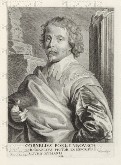Portrait of the painter Cornelis van Poelenburgh, Icones Principum Vivorum Doctorum Pictorum Chalcographorum Statuariorum nec non Amatorum Pictoriae Artis Numero Centum ab Antonio van Dyck Pictore ad Vivum Expressae Eiusq: Sumptibus aeri incisae, Iconography, print, album page, Portrait of the painter Cornelis van Poelenburgh standing among ruins. This print is part of an album., printmaker: Pieter de Jode (II), Antwerp, after painting by Anthony van Dyck, publisher: Gilles Hendricx, 1630 - 1641, 1645 - 1646, unknown, grantor of privilege, paper, engraving, height 231 mm x width 164 mm, Person, Cornelis van Poelenburch, portrait, self-portrait of painter, A black and white engraved portrait of a man shown from the torso up, turned slightly to one side and looking toward the viewer, with wavy hair and a small pointed beard and mustache; he wears a broad, ruffled collar and a voluminous draped garment with detailed folds and shading, one hand partly visible holding the drapery while the ...