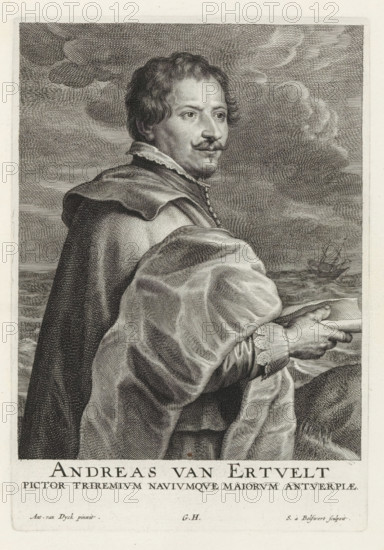 Portrait of painter Andries van Eertvelt, Icones Principum Vivorum Doctorum Pictorum Chalcographorum Statuariorum nec non Amatorum Pictoriae Artis Numero Centum ab Antonio van Dyck Pictore ad Vivum Expressae Eiusq: Sumptibus aeri incisae, Iconography, print, album page, This print is part of an album., print maker: Schelte Adamsz. Bolswert, after painting by Anthony van Dyck, publisher: Gilles Hendricx, Antwerp, 1630 - 1641, 1645 - 1646, printmaker, paper, engraving, gravure, height 250 mm x width 173 mm, Person, Andries van Eertvelt, portrait, self-portrait of painter, A detailed black and white engraved portrait of a man shown from the torso up, turned slightly to one side, with short wavy hair and a styled mustache and small goatee, wearing a high-collared shirt beneath a heavy cloak draped over his shoulders and a voluminous sleeve folded across his arm, his hands visible at the lower right holding a flat object, a turbulent sea and a sailing ship appear in the background beneath a...