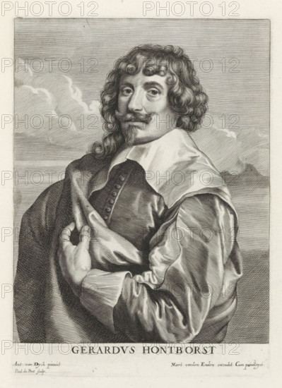 Portrait of the painter Gerard van Honthorst, Icones Principum Vivorum Doctorum Pitorum Chalcographorum Statuariorum nec non Amatorum Pictoriae Artis Numero Centum ab Antonio van Dyck Pictore ad Vivum Expressae Eiusq: Sumptibus aeri incisae, Iconography, print, album page, This print is part of an album., printmaker: Paulus Pontius, after painting by Anthony van Dyck, publisher: Gilles Hendricx, Antwerp, publisher: Martinus van den Enden (I), 1630 - 1641, 1645 - 1646, unknown, provider of privilege, paper, engraving, height 238 mm x width 170 mm, Person, Gerard van Honthorst, portrait, self-portrait of painter, A black and white engraved portrait of a man shown from the torso up, facing slightly to the viewer's left, with wavy shoulder-length hair, a curled mustache, and a small pointed beard, wearing a loose cloak draped over one shoulder and a light-colored wide collar, his right hand visible holding the cloak near his chest, detailed shading and fine line work forming folds in the f...