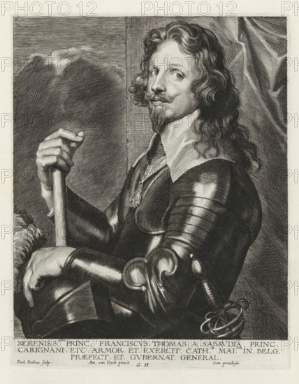 Portrait of Tommaso Francesco, Prince of Savoy-Carignano, Iconographie, Icones Principum Vivorum Doctorum Pictorum Chalcographorum Statuariorum nec non Amatorum Pictoriae Artis Numero Centum ab Antonio van Dyck Pictore ad Vivum Expressae Eiusq: Sumptibus aeri incisae, print, album page, Prince of Savoy-Carignano. He wears a chain with the Highest Order of the Annunciation. This print is part of an album., printmaker: Paulus Pontius, Antwerp, after painting by Anthony van Dyck, publisher: Gilles Hendricx, 1630 - 1641, 1645 - 1646, unknown, grantor of privilege, paper, engraving, gravure, height 235 mm x width 184 mm, Person, Tommaso Francesco van Savoye, knighthood order, A black and white engraved portrait of a man shown from the waist up wearing polished armor and a wide white collar, his long wavy hair and curled mustache and pointed beard visible as he looks slightly to the side; one hand grasps a vertical staff while the other rests on his knee, and a decorative medallion hangs at ...