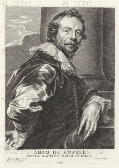 Portrait of the painter Adam de Coster, Icones Principum Vivorum Doctorum Pictorum Chalcographorum Statuariorum nec non Amatorum Pictoriae Artis Numero Centum ab Antonio van Dyck Pictore ad Vivum Expressae Eiusq: Sumptibus aeri incisae, Iconography, print, album page, Portrait of the painter Adam de Coster. He leans against a column with his left arm. He holds his right hand behind his back. This print is part of an album., printmaker: Pieter de Jode (II), Antwerp, after painting by Anthony van Dyck, publisher: Gilles Hendricx, 1630 - 1641, 1645 - 1646, unknown, grantor of privilege, paper, engraving, height 236 mm x width 167 mm, Person, Adam de Coster, portrait, self-portrait of painter, A seated man in historical dress faces the viewer with his body turned slightly to the side; he has wavy hair, a curled mustache, and a pointed beard, and he wears a ruffled collar and a dark robe with visible folds and buttons; one arm rests on his hip while the other hand is draped over the back of...