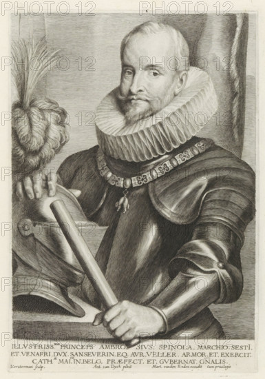 Portrait of Ambrogio Spinola, Marquis de los Balbases, Icones Principum Vivorum Doctorum Pictorum Chalcographorum Statuariorum nec non Amatorum Pictoriae Artis Numero Centum ab Antonio van Dyck Pictore ad Vivum Expressae Eiusq: Sumptibus aeri incisae, Iconographie, print, album page, commander-in-chief of the Spanish troops in the Southern Netherlands. His right hand resting on helmet, command staff in left hand. Around his neck a chain with the sign of the Order of the Golden Fleece. This print is part of an album., printmaker: Lucas Vorsterman (I), Antwerp, after painting by Anthony van Dyck, publisher: Gilles Hendricx, publisher: Martinus van den Enden (I), 1630 - 1641, 1645 - 1646, unknown, grantor of privilege, paper, engraving, gravure, height 258 mm x width 177 mm, Person, Ambrogio Spinola (Marquis de los Balbases), helmet, baton of general, armor, knighthood order of the Golden Fleece, A monochrome engraved portrait of a man shown from the waist up wearing plated armor and a la...
