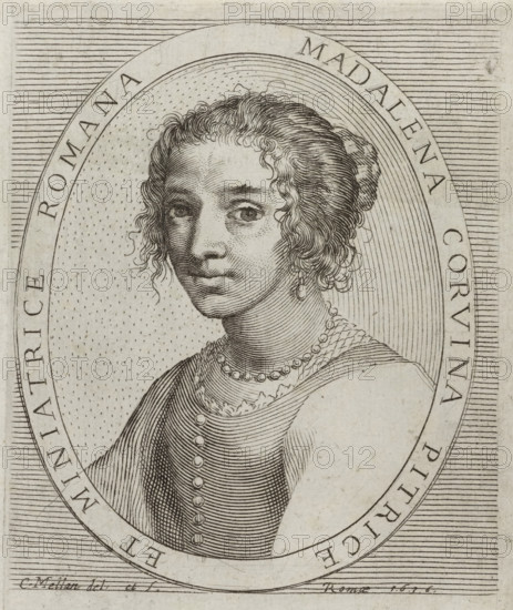 Portrait of Maddalena Corvina, print, inscription: 'V Poliano... 1930, 680', printmaker: Claude Mellan, Rome, 1636, paper, engraving, height 117 mm x width 85 mm, Person, Maddalena Corvina, portrait, self-portrait of artist, historical persons - BB - woman, A black and white engraved portrait of a woman shown from the shoulders up inside an oval frame decorated with horizontal lines outside and dotted texture inside, featuring tightly curled hair styled back with loose ringlets framing her face, arched eyebrows, large eyes looking slightly to the side, a straight nose, and closed lips. She wears drop earrings, a beaded necklace, and layered clothing with a patterned collar and a bodice fastened with a row of round buttons; fine engraved lines create shading and texture on her skin, hair, and garments.