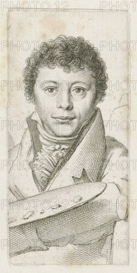 Portrait of GJ Michaelis, Study print, Etudes gravées, print, Small portrait from 'Study print, Etudes gravées', on one sheet with pasted drawing and pasted text in letterpress: CORRESPONDENT of the 4th Class of the ROYAL NETHERLANDS INSTITUTE, appointed 1820 and handwritten identification of the sitter., printmaker: Jacob Ernst Marcus, 1811, paper, height 0 mm x width 0 mm, Person, Gerrit Jan Michaëlis, portrait, self-portrait of artist, palette, A narrow portrait sketch of a person with short, curly hair and a calm expression, shown from the chest up and facing forward, wearing a high-collared coat and a ruffled neckcloth, with detailed line work and shading throughout the face, clothing, and background, and an oval palette-like object held across the lower chest area.