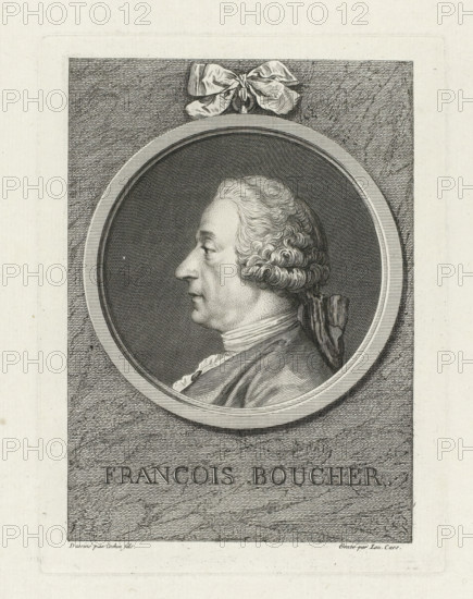 Portrait of François Boucher, print, Bust and profile to the left, in round frame with bow at top center., printmaker: Laurent Cars, France, after drawing by Charles Nicolas Cochin (II), c. 1755, paper, etching, engraving, stippelwerk, height 190 mm x width 143 mm, Person, François Boucher, historical persons, portrait, self-portrait of artist, A detailed engraved portrait shows a profile view of a man facing left, enclosed within a circular frame; he has wavy, powdered hair styled back and tied with a ribbon, a high-collared garment, and a draped cloak over his shoulder. The circular frame sits on a textured rectangular background with fine crosshatching, and a tied bow ornament is placed at the top of the frame. The lower portion of the rectangle contains large carved letterforms that are part of an inscription. The overall image is monochrome with intricate line work and shading throughout.