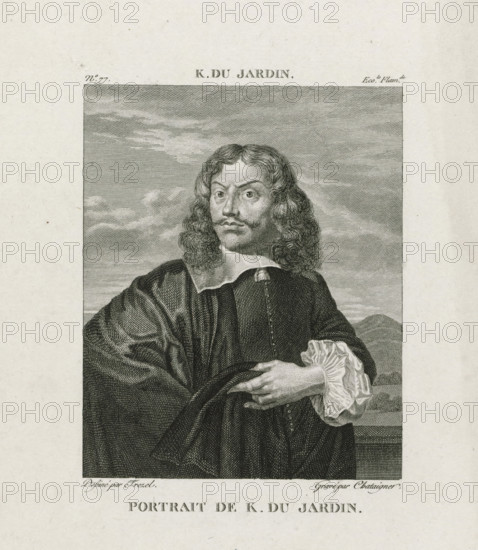 Portrait of Karel Dujardin, Portrait de K. Du Jardin, Galerie du Musée Napoléon, print, Numbered top left: No. 77., printmaker: Alexis Chataigner, France, after drawing by Félix Trézel, 1804 - before c. 1812, paper, engraving, etching, height 266 mm x width 168 mm, Part of a series titled: 'Galerie du Musée Napoléon', consisting of 718 prints after paintings and sculptures from the collection of the Musée Napoléon. The series was published in 1804 by Antoine Michel Filhol and, after his death, by his widow in 1812., Person, Karel du Jardin, historical persons, portrait, self-portrait of painter, A detailed engraved portrait of a man shown from the waist up wearing a dark, heavy cloak and a light ruffled cuff, with long wavy hair and a mustache, looking slightly to the side; the background shows a lined sky with clouds and a distant landscape; the figure’s hands are visible holding the cloak.
