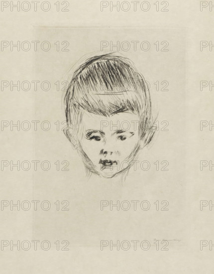 Portrait of Andreas Schwarz, Andreas Schwarz (original title), print, printmaker: Edvard Munch, publisher: Bruno Cassirer, Berlin, 1906, paper, drypoint, intaglio printmaking technique, height 193 mm x width 136 mm, Person, historical persons, boy (child between toddler and youth), A sketched portrait of a young person's head centered on a textured light beige background, drawn with thin, dark pencil strokes; the hair is short with a rounded top and visible individual strands, the eyebrows are sketched above round eyes with shaded pupils and faint lower lids, the nose is lightly rendered with minimal lines, the mouth is slightly open with darker shading on the lips, the ears are visible on either side with simple contour lines, and faint neck and jawline strokes extend below the chin.