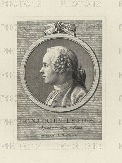 Portrait of Charles Nicolas Cochin II, CN Cochin le fils., print, printmaker: Jean Daullé, France, after drawing by Charles Nicolas Cochin (II), 1754, paper, etching, engraving, height 191 mm x width 132 mm, Person, portrait, self-portrait of graphic artist, ornament, medallion, A monochrome engraved portrait shows a profile of a man facing left inside a circular frame, with finely detailed curly hair tied at the back and a tied ribbon visible, a high-collared garment and a coat with buttons, set against a densely lined background and a decorative draped cloth above the frame.
