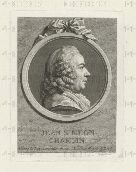 Jean Simeon Chardin, Portrait of Jean Baptiste Siméon Chardin, print, Bust and profile to the right, in round medallion, with bow at top center., printmaker: Laurent Cars, France, after drawing by Charles Nicolas Cochin (II), c. 1755, paper, etching, engraving, stippelwerk, height 190 mm x width 144 mm, Person, Jean Baptiste Siméon Chardin, historical persons, portrait, self-portrait of artist, An engraved portrait shows a side profile of a man facing right inside a circular frame, his hair styled in voluminous curls and swept back, with detailed shading on his facial features and neck; the round frame is topped by a draped ribbon or cloth, and the surrounding background is filled with fine crosshatching and textured lines.