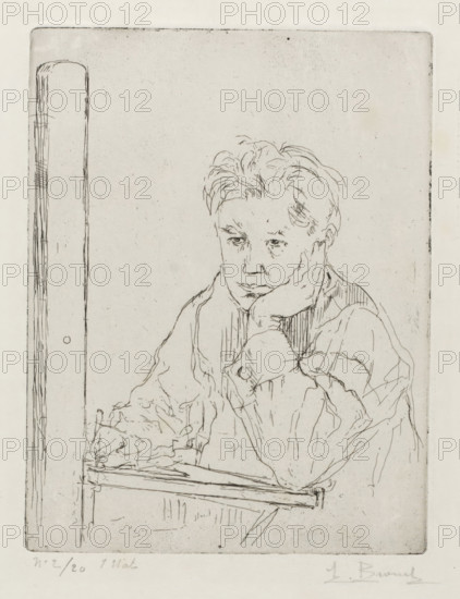 Portrait de l'Artiste., Self-portrait behind an easel, print, printmaker: Auguste Brouet (signed by artist), c. 1910 - c. 1925, Auguste Brouet, printmaker, paper, Japanese paper, etching, etching on Oriental paper, height 219 mm x width 168 mm, According to the inscription, this concerns the first state of the print., Person, historical persons, portrait, self-portrait of artist, drawing, easel, A lightly sketched line drawing of a person resting their face on one hand while seated, with a contemplative facial expression and tousled hair, wearing loose long-sleeved clothing; the other hand is near a flat surface with faint outlines of objects, and a vertical post or beam is visible to the left, all rendered in thin, delicate lines on a pale background.