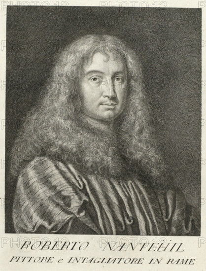 Portrait of the artist Robert Nanteuil, Portraits of artists, print, book illustration, printmaker: Giovanni Domenico Campiglia, Italy, 1752 - 1762, paper, engraving, etching, height 261 mm x width 185 mm, A monochrome engraved portrait of a person shown from the chest up, with long, wavy hair cascading over the shoulders and a calm, neutral facial expression, wearing a draped garment with visible folds and striped shading, set against a densely crosshatched dark background.