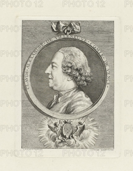 Claude Alexandre de Villeneuve Comte de Vence, Portrait of Claude Alexandre de Villeneuve, Comte de Vence, print, Bust facing left, in round frame with bow at top center. In the middle under his coat of arms, held by two angels., printmaker: Claude Henri Watelet, after drawing by Charles Nicolas Cochin (II), 1754, paper, etching, stippelets, height 186 mm x width 140 mm, Person, Claude-Alexander de Villeneuve (comte de Vence), historical persons, adult man (sideview, profile), A detailed engraved portrait shows a left-profile bust of a man with curled hair inside a circular frame, the head and shoulders rendered with fine linework and stippling against a dark textured background, a bow or ribbon depicted above the circular frame, and below the frame an ornamental cartouche with two winged figures holding an oval shield surrounded by radiating lines and clouds.