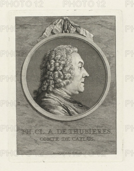Ph. Cl. A. de Thubieres, Comte de Caylus, Portrait of Anne Claude Philippe Caylus, print, Bust to the right, in round frame with bow at top center., printmaker: Charles Nicolas Cochin (II) (possibly), 1752 - 1799, paper, etching, engraving, stipple work, intaglio printmaking technique, height 189 mm x width 140 mm, Person, Anne Claude Philippe Caylus, historical persons, portrait, self-portrait of graphic artist, A detailed engraved portrait of a man in profile facing right, shown inside a circular frame with a draped cloth tied above the frame; the man has tightly curled hair styled back from his forehead and wears a high-collared garment with visible folds and textured shading; the background within the frame and the surrounding rectangular panel feature fine crosshatching and stippling, and the overall image is monochrome with strong line work and tonal variation.
