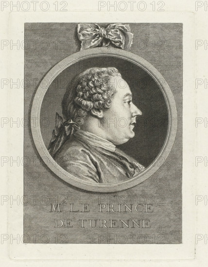 Portrait of Godefroy-Charles-Henri de La Tour d'Auvergne, M. Le Prince de Turenne, print, printmaker: Charles Nicolas Cochin (II), 1756, Charles Nicolas Cochin (II), printmaker, paper, etching, engraving, stipple work, height 190 mm x width 142 mm, Person, Godefroy Charles Henri de la Tour d'Auvergne, historical persons, An engraved oval portrait of a man shown in profile facing right, with curled hair tied at the back with a bow, a rounded face, prominent nose, and a high-collared coat with visible folds and buttons, set against a finely hatched dark background and surrounded by a decorative circular frame topped by a larger tied ribbon, all within a rectangular panel on a light textured sheet.